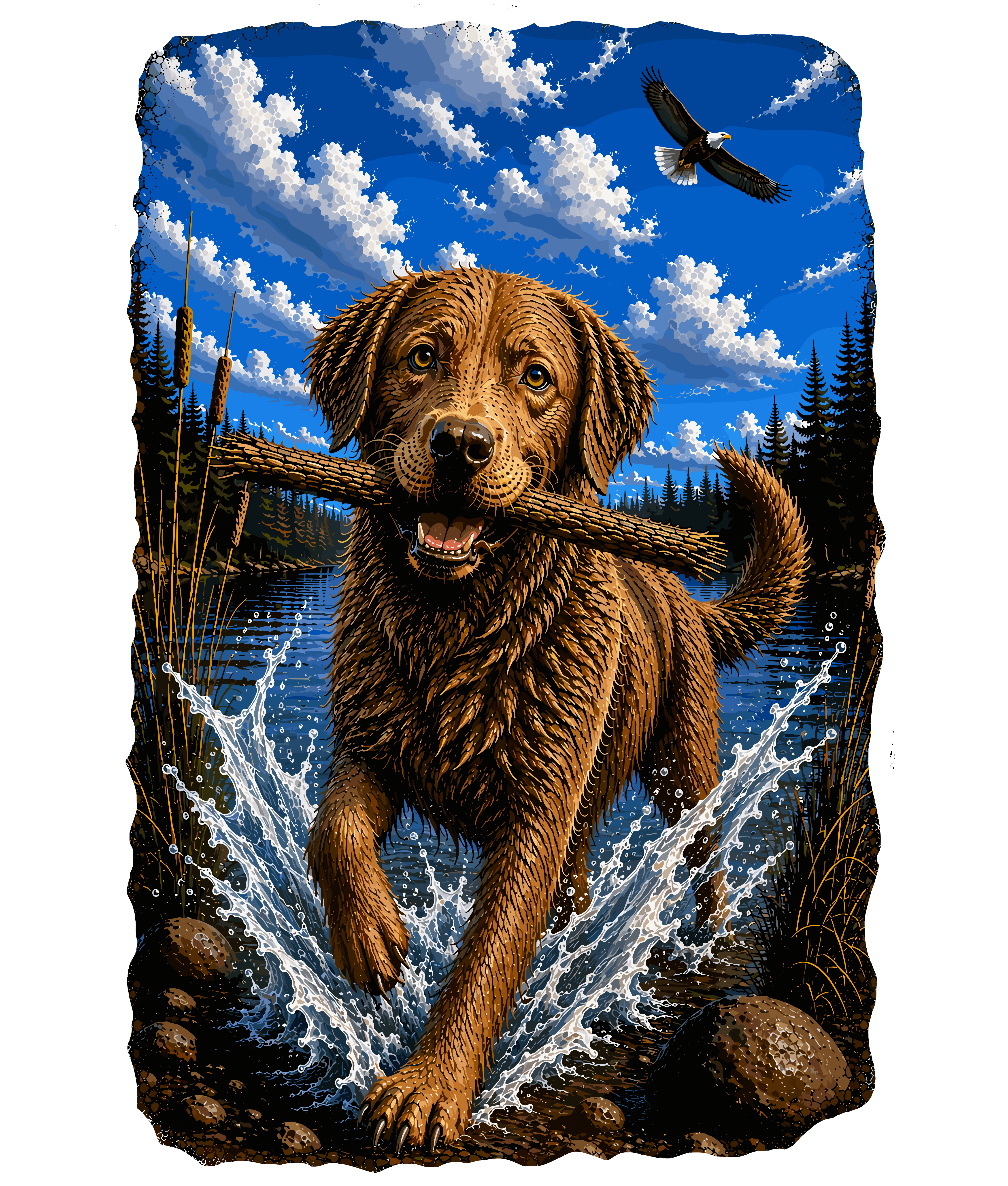 Golden retriever standing in pine forest with detailed portrait and natural setting
